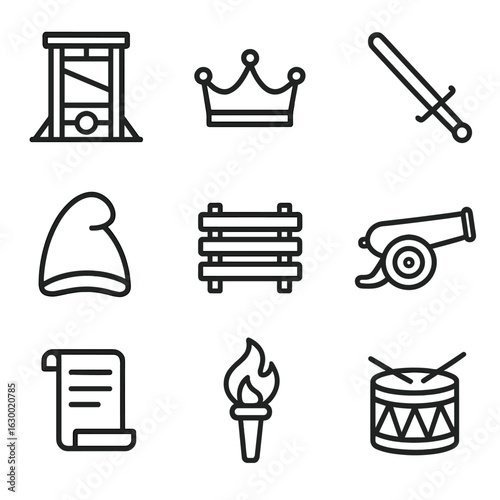 Historical Revolution Icons. Outline icon set of historical revolutions: guillotine, crown, sword, liberty cap, barricade, cannon,