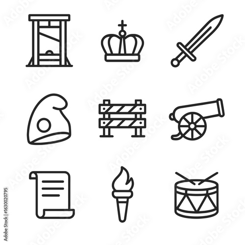 Historical Revolution Icons. Outline icon set of historical revolutions: guillotine, crown, sword, liberty cap, barricade, cannon,
