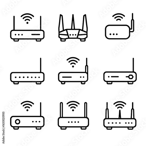 Router Icon Collection. Outline icon set of router brands and models: Wi-Fi 6 router, gaming router, portable router, fiber optic