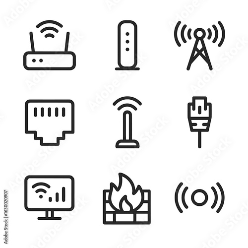 Router Icons Set. Outline icon set of router devices: wireless router, modem, signal tower, Ethernet port, Wi-Fi antenna, network