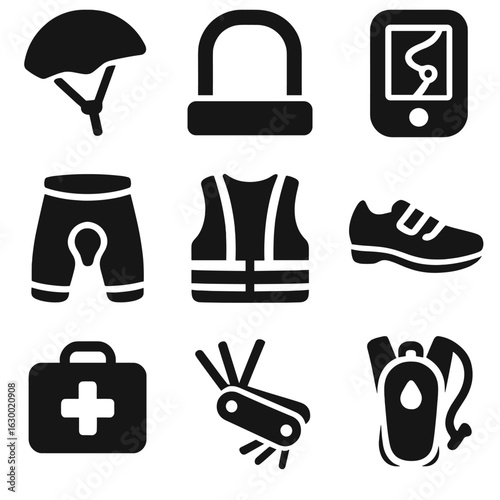 Cycling Gear Icons. Solid, filled icons set of cycling preparation and gear: helmet strap, bike lock, GPS