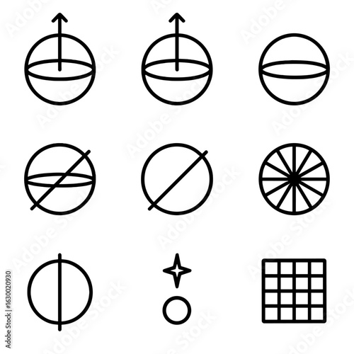 Celestial Coordinate Icons. Outline icon set of celestial coordinate elements: right ascension axis, declination axis, celestial