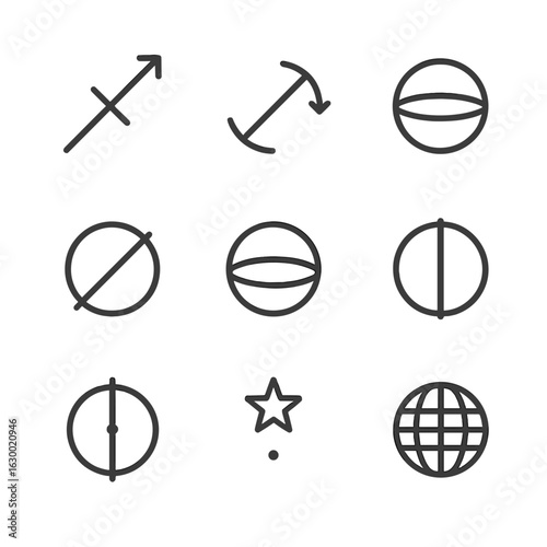 Celestial Coordinate Icons. Outline icon set of celestial coordinate elements: right ascension axis, declination axis, celestial