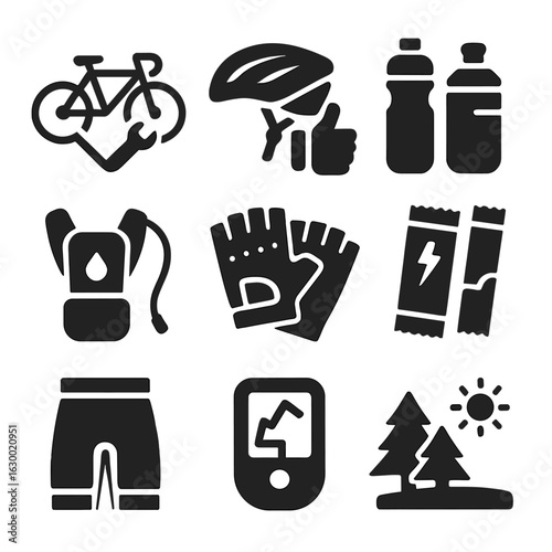 Cycling Preparation Icons. Solid, filled icons set of long-distance cycling preparation: bike maintenance,