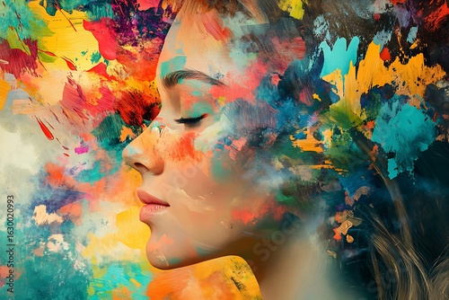 Colorful Abstract Face Art, Expression Through Paint and Texture