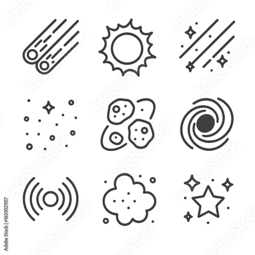 Celestial Icon Grid. Outline icon set of celestial weather: meteor storm, solar flare, cosmic rays, space dust, asteroid belt,