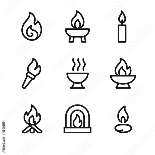 Sacred Flame Icon Set. Outline icon set of sacred flame symbols: eternal flame, altar fire, candle flame, torch, incense smoke,
