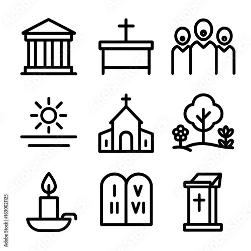 Sacred Outline Icon Set. Outline icon set of psalm settings: temple, altar, choir, open sky, sanctuary, garden, candlelight, stone