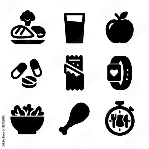 Daily Nutrition Icons. Solid, filled icons set of Daily nutritional intake: balanced meal, water glass, fresh