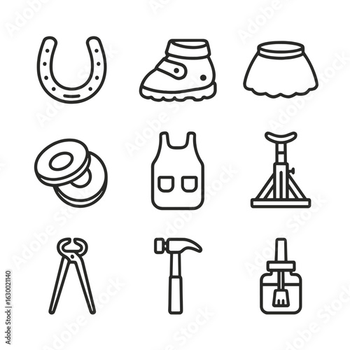 Hoof Equipment Icons. Outline icon set of hoof-related equipment: horseshoe, hoof boots, bell boots, hoof conditioner, hoof pads,
