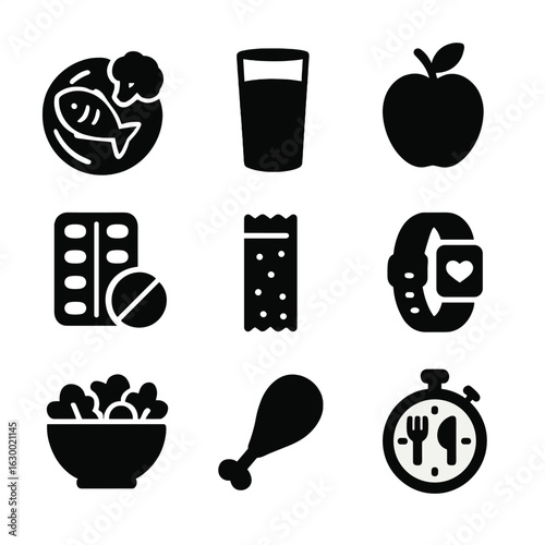 Daily Nutrition Icons. Solid, filled icons set of Daily nutritional intake: balanced meal, water glass, fresh