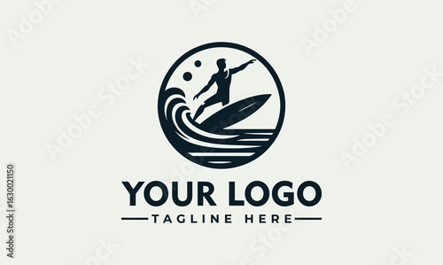 Silhouette of a surfer riding a wave in a circular frame, with text placeholders below.