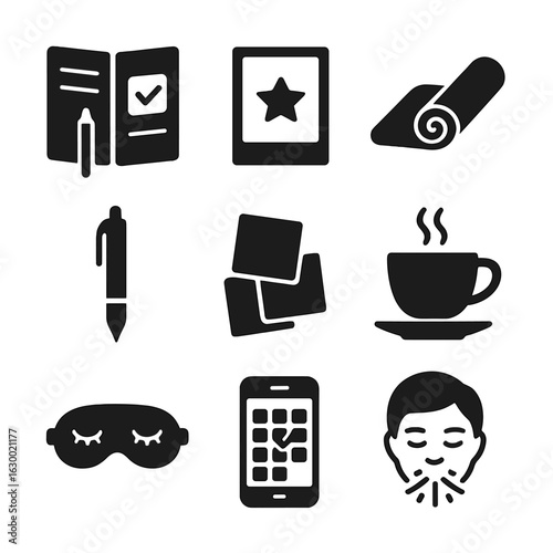 Daily Prep Icons. Solid, filled icons set of Preparing for tomorrow: planner, motivational quote, yoga mat,