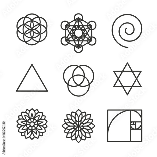 Sacred Geometry Icons. Outline icon set of sacred geometry: flower of life, seed of life, metatron's cube, spiral, triangle,