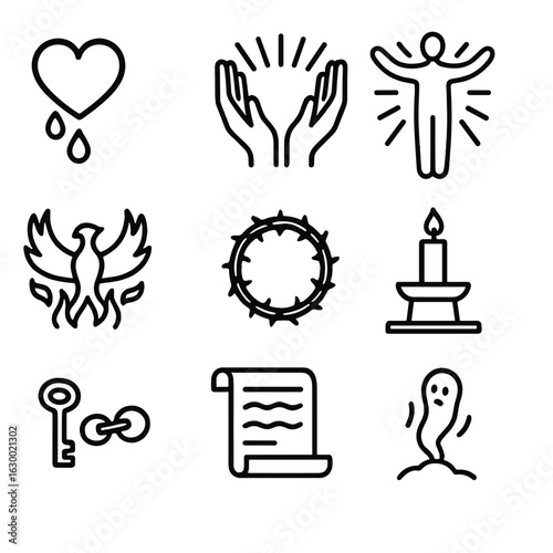 Sacrifice and Redemption Icons. Outline icon set of sacrifice and redemption: bleeding heart, glowing hands, risen figure, phoenix