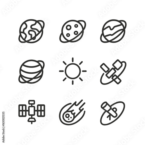 Celestial Icons Grid. Outline icon set of celestial bodies in orbit: Earth, Moon, Mars, Jupiter, Sun, artificial satellite, space