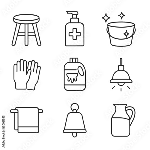 Dairy Hygiene Icons. Outline icon set of dairy hygiene and milking: milking stool, sanitizer bottle, clean