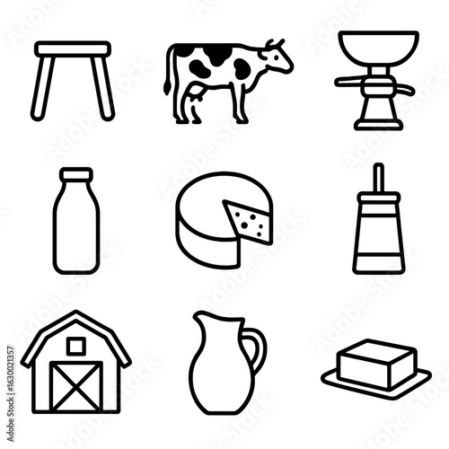 Dairy Production Icons Set. Outline icon set of dairy production essentials: milking stool, cow, cream