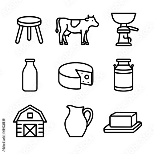 Dairy Production Icons Set. Outline icon set of dairy production essentials: milking stool, cow, cream