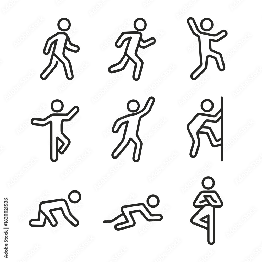 Naklejka premium Human Movement Icons. Outline icon set of human movement: walking, running, jumping, dancing, climbing, crawling, swimming,