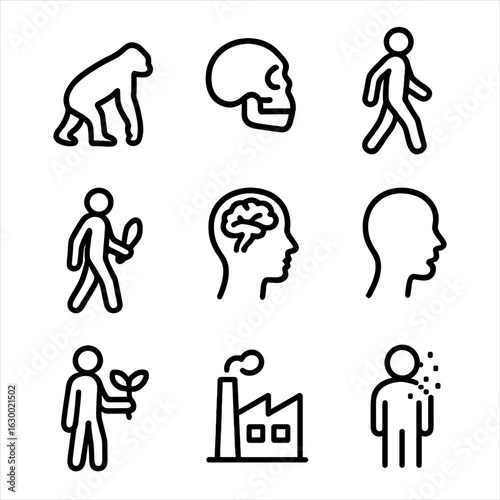 Human Evolution Icons. Outline icon set of human evolution: ape silhouette, hominid skull, upright walking, tool use, brain growth