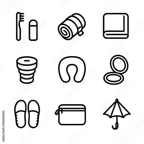 Compact Travel Icons. Outline icon set of compact travel items: foldable toothbrush, roll-up blanket, pocket towel, collapsible