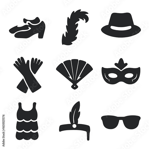 Dance Accessories Icons. Solid, filled icons set of Dance accessories: dance shoes, feather boa, hat, gloves,