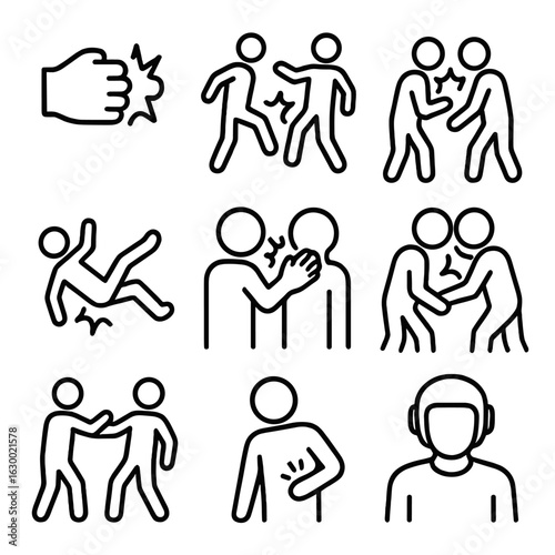 Human Impact Icons. Outline icon set of human impacts: punch, kick, collision, fall impact, slap, headbutt, shove, impact injury,