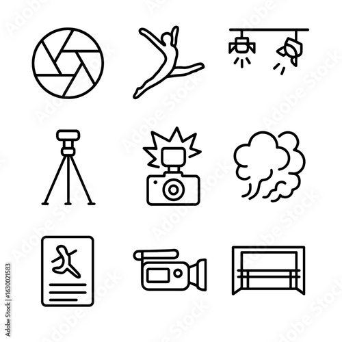Dance Icon Set. Outline icon set of capturing dance action: camera shutter, dancer leap, stage lights, tripod,