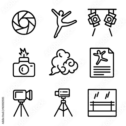 Dance Icon Set. Outline icon set of capturing dance action: camera shutter, dancer leap, stage lights, tripod,