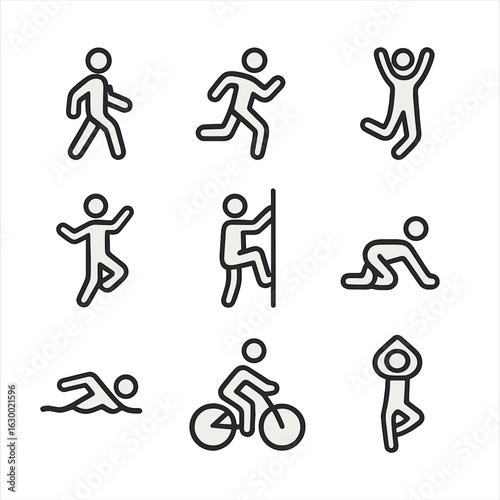 Human Movement Icons. Outline icon set of human movement: walking, running, jumping, dancing, climbing, crawling, swimming,