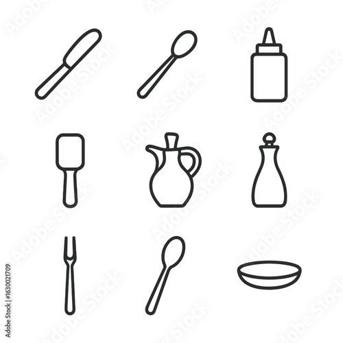 Condiment Tool Icons. Outline icon set of condiment tools: butter knife, mustard spoon, ketchup bottle, mayonnaise spatula, oil