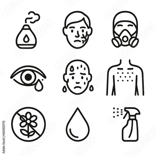 Humidity Health Icons. Outline icon set of humidity and health: humidifier device, dry skin, breathing mask, watery eyes, sweating