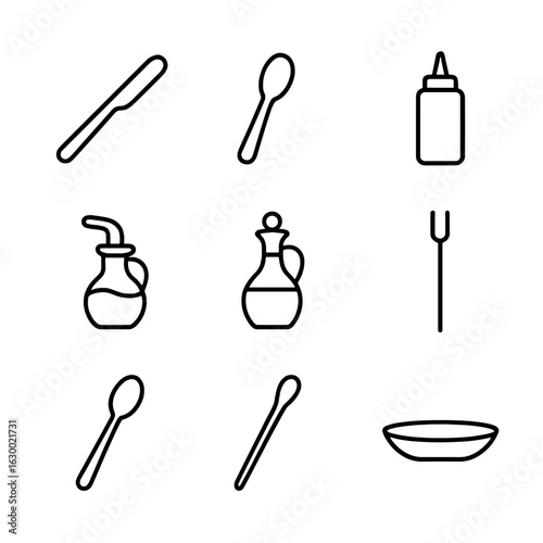 Condiment Tool Icons. Outline icon set of condiment tools: butter knife, mustard spoon, ketchup bottle, mayonnaise spatula, oil
