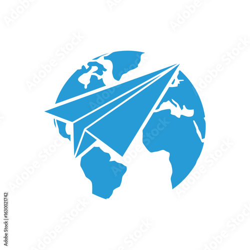 Blue Paper Airplane Flying Over Globe.
