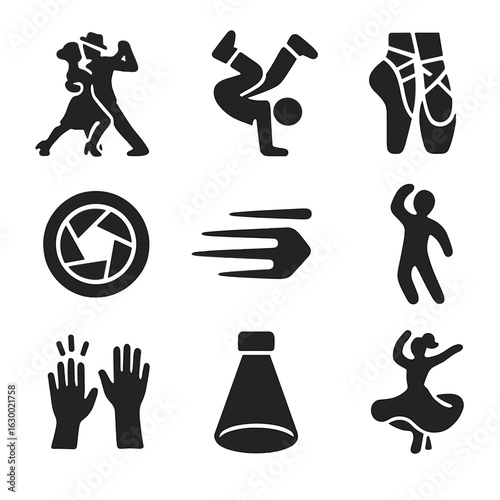 Dance Icons Grid. Solid, filled icons set of movement and dance photography: tango dancers, hip hop moves,
