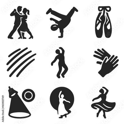 Dance Icons Grid. Solid, filled icons set of movement and dance photography: tango dancers, hip hop moves,