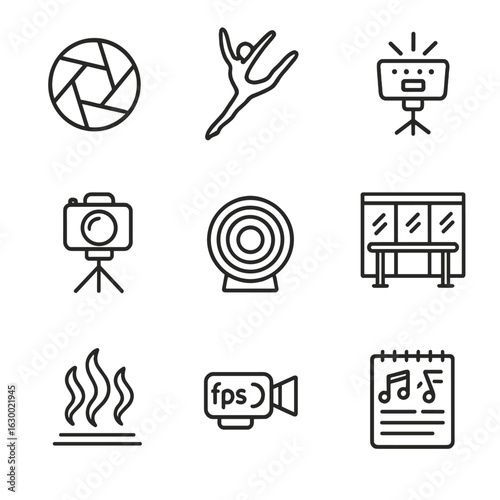 Dance Photography Icons. Outline icon set of capturing dance moments: camera shutter, dancer leap, strobe