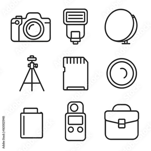 Dance Photography Gear Icons. Outline icon set of professional dance photography gear: DSLR camera, flash unit