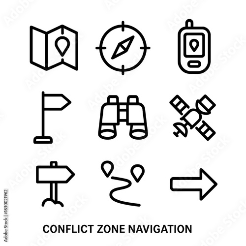 Conflict Navigation Icons. Outline icon set of conflict zone navigation: map, compass, GPS, waypoint, binoculars, satellite, trail