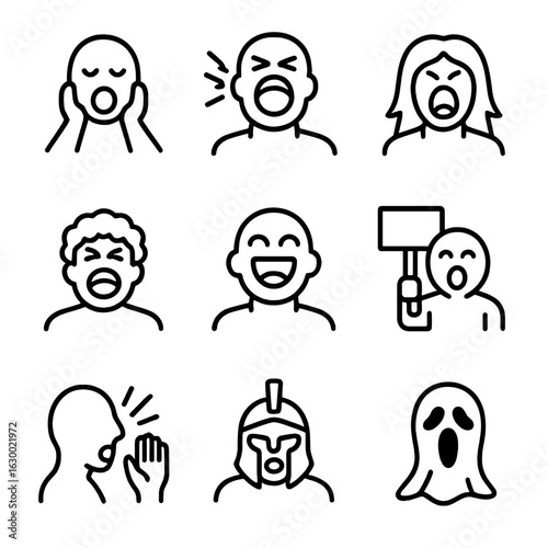 Scream Icon Set. Outline icon set of scream types: silent scream, bloodcurdling, primal, hysterical, joyful, protest, warning,