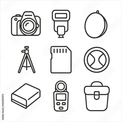 Dance Photography Gear Icons. Outline icon set of professional dance photography gear: DSLR camera, flash unit