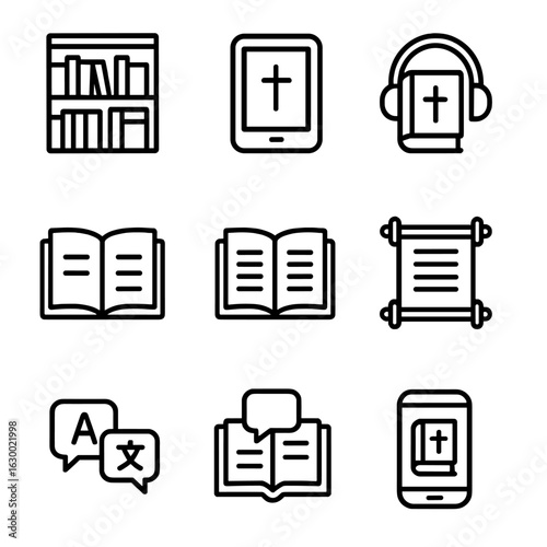 Scripture Access Icons. Outline icon set of scripture access: library, digital tablet, audio book, printed text, manuscript,