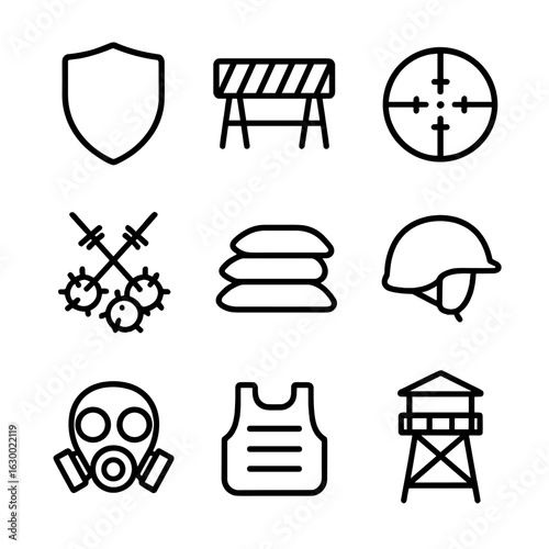Conflict Zone Icons. Outline icon set of conflict zone defense: shield, barricade, sniper scope, minefield, sandbags, helmet, gas