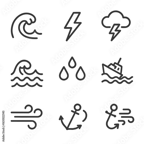 Sea Storm Icons. Outline icon set of sea storm elements: crashing waves, lightning bolt, thundercloud, hurricane symbol, turbulent