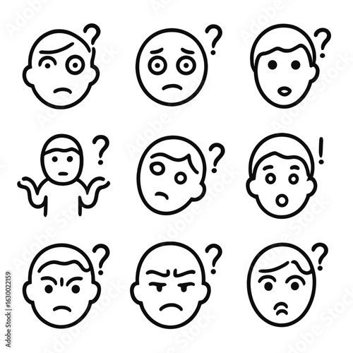 Confusion Expression Icons. Outline icon set of confusion facial expressions: raised eyebrow, wide eyes, frowning mouth, shrugging
