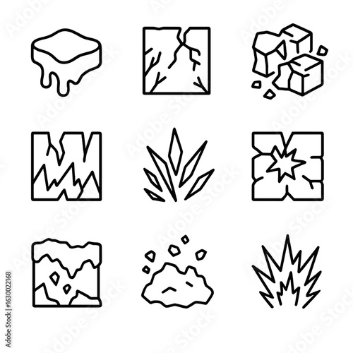 Ice Destruction Icons. Outline icon set of ice wall destruction: melting ice, shattered frost wall, broken glacier blocks,