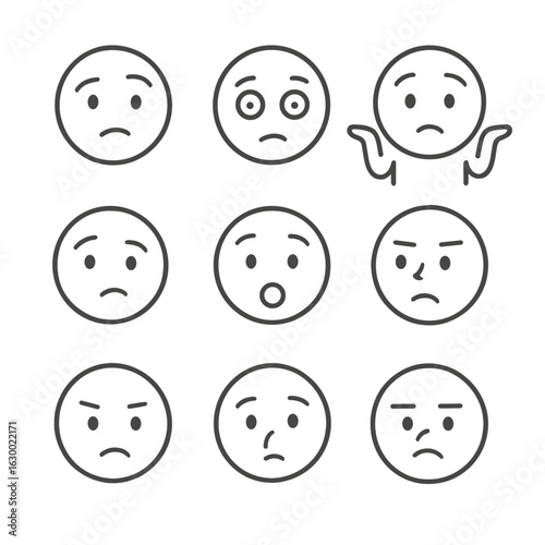 Confusion Expression Icons. Outline icon set of confusion facial expressions: raised eyebrow, wide eyes, frowning mouth, shrugging