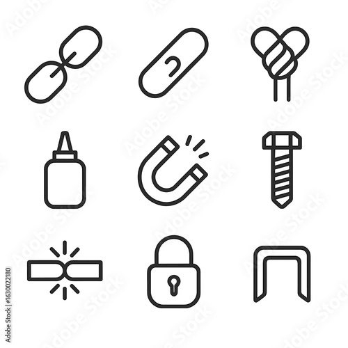 Connection Icon Set. Outline icon set of physical bonds and connections: chain, link, rope knot, glue bottle, magnet, bolt, weld,