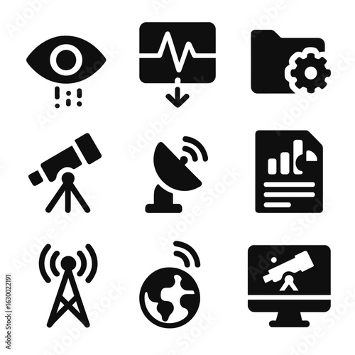 Data Icon Grid. Solid, filled icons set of data analysis and transmission: observation data stream, signal